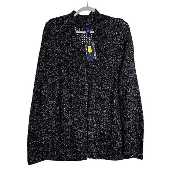 Westbound Sweaters - NWT WESTBOUND Cardigan Sweater Top size L BLACK & SILVER Open Knit Buttons Cozy
